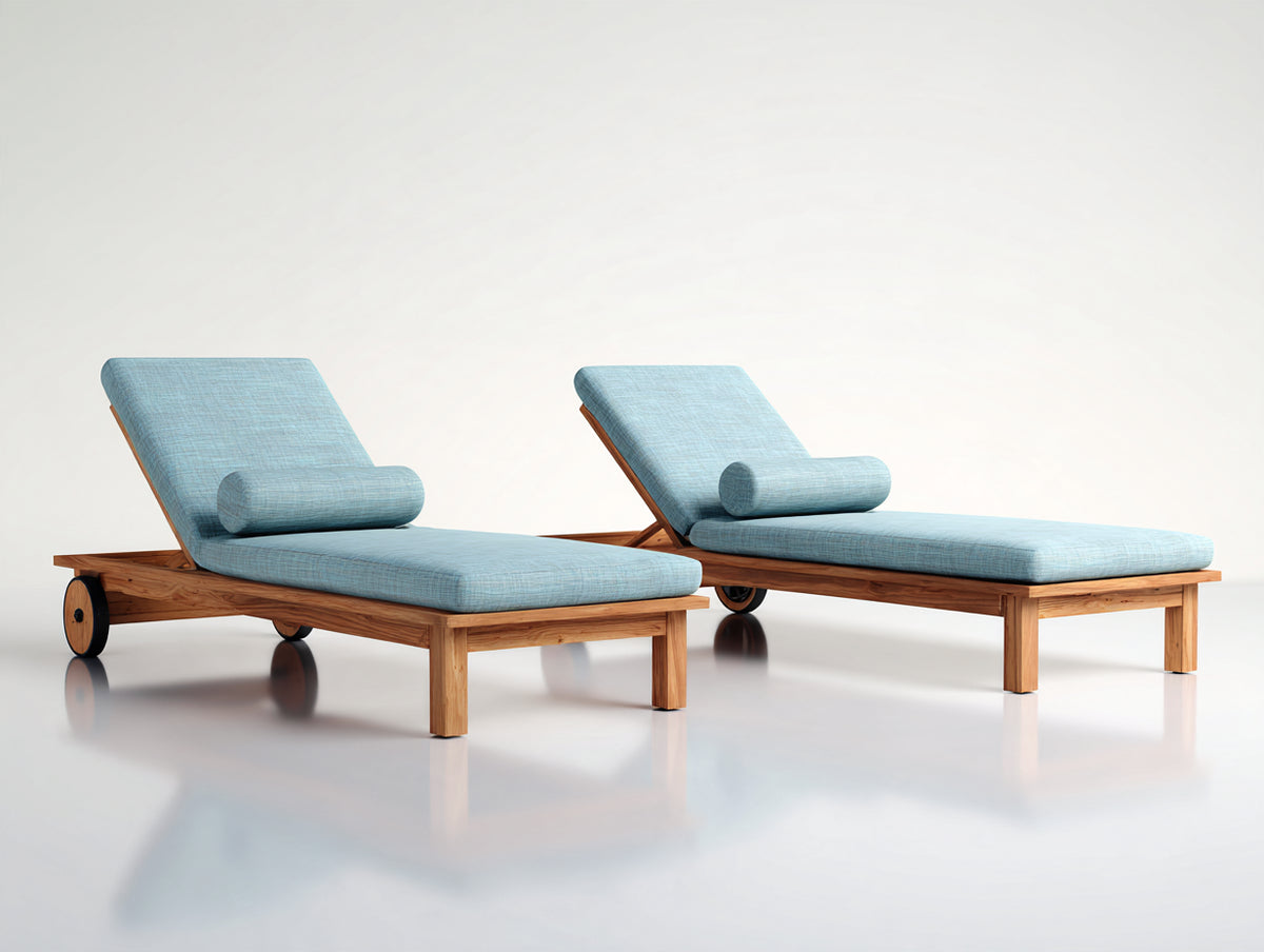 Tumbonas de madera maciza 205x75x95 cm - Azul claro-Color madera natural - Respaldo reclinable y ruedas