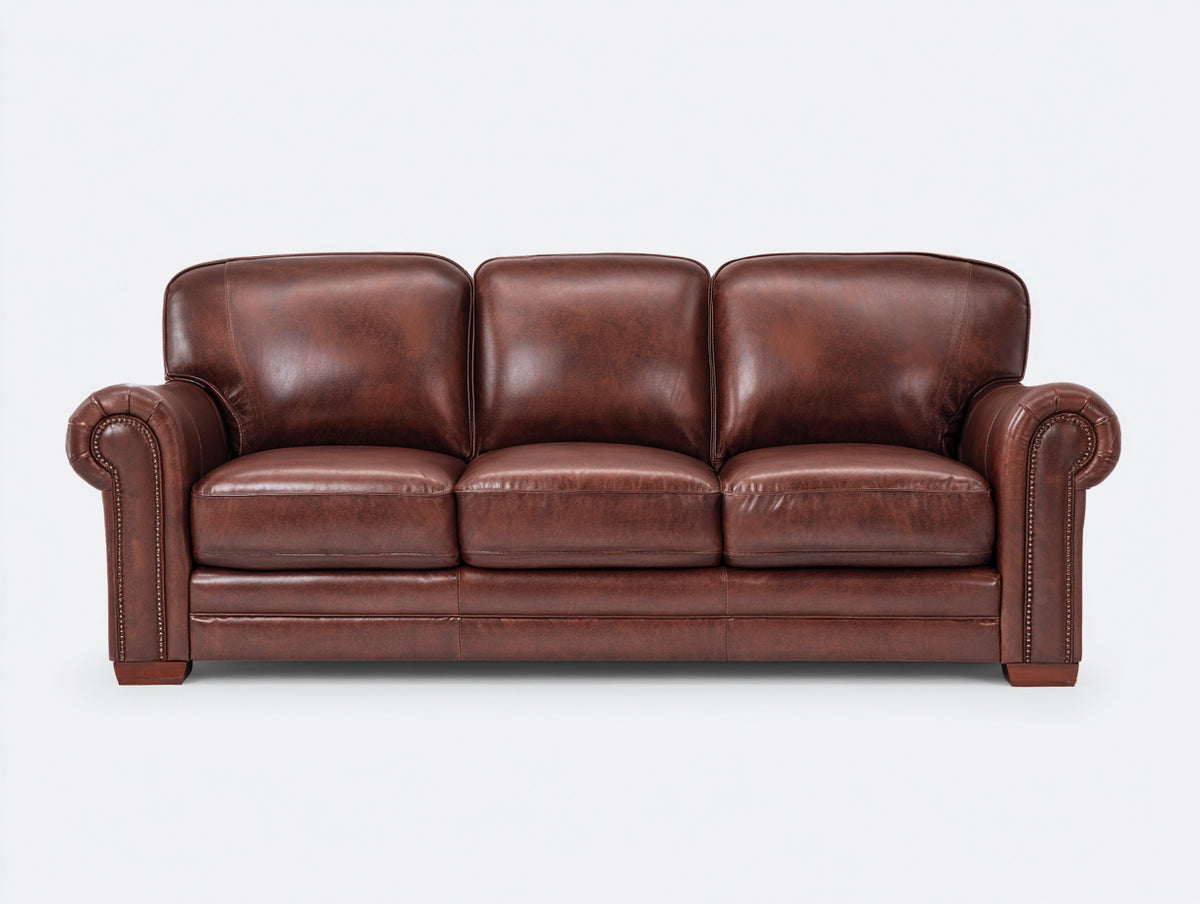 Sofás 3 plazas tapizados en cuero sintético 225x95x90 cm - marrón oscuro - diseño clásico con brazos enrollados