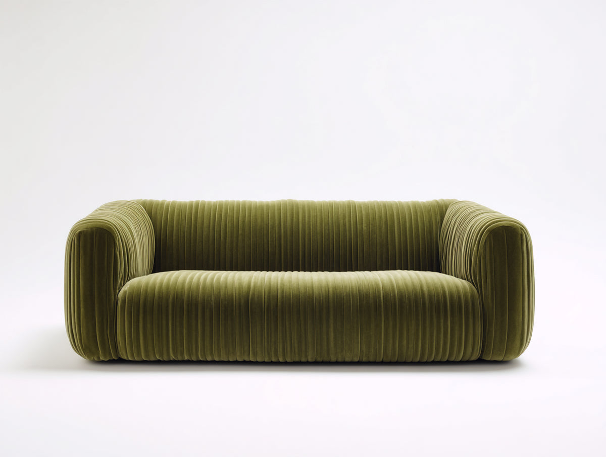 Sofás 3 plazas tapizados 220 x 95 x 76 cm - verde oliva - diseño moderno curvo con tapizado acanalado