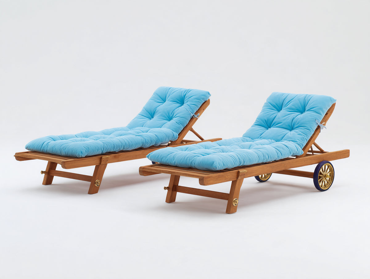 Tumbonas de madera 200 x 70 x 92 cm - azul claro y madera natural - conjunto de dos con respaldo reclinable y ruedas