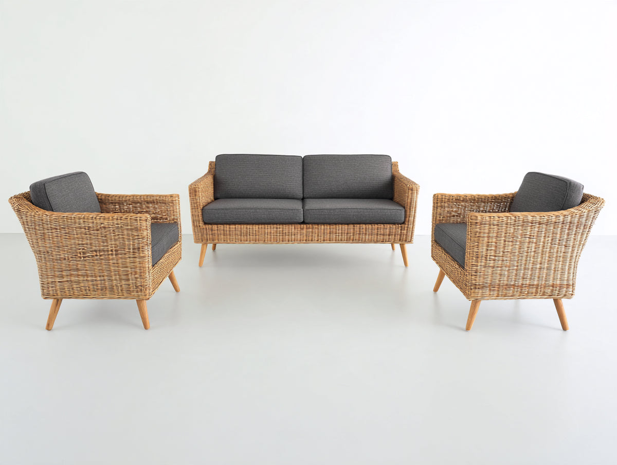Sofás de exterior de ratán 160 x 82 x 78 cm - marrón natural y gris oscuro - conjunto de tres piezas para jardín