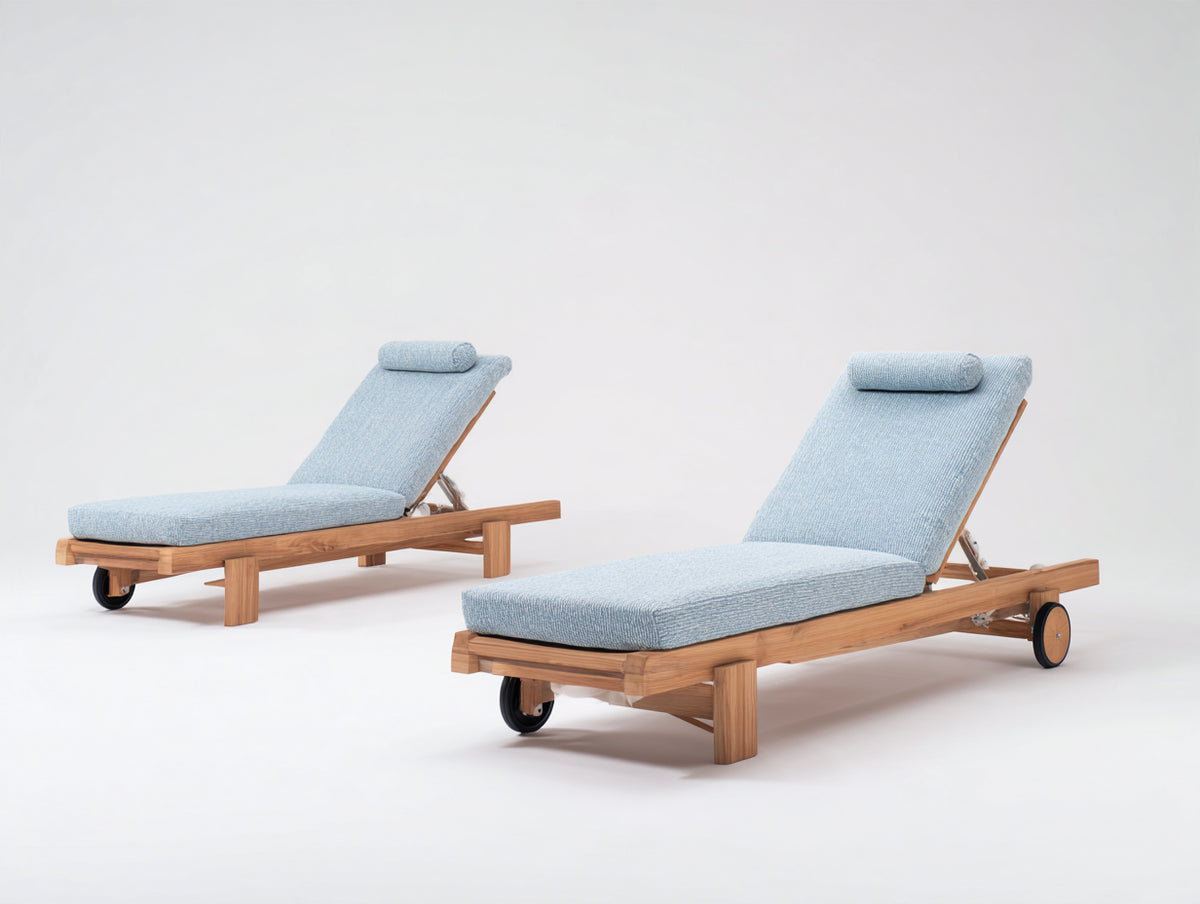 Tumbonas de madera 200 x 70 x 90 cm - azul claro y madera natural - conjunto de dos con respaldo reclinable y ruedas
