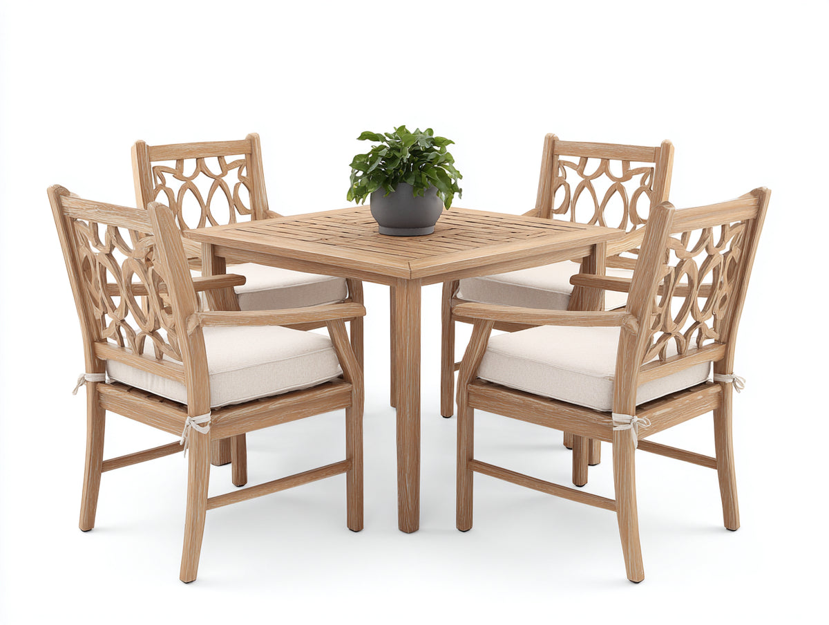 Conjuntos de comedor de jardín de madera maciza 90x90x75 cm - Color madera natural-Beige - Mesa cuadrada y 4 sillas con reposabrazos