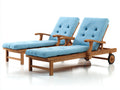 Tumbonas de madera maciza 200x75x92 cm - madera natural y azul claro - respaldo reclinable con reposabrazos y ruedas diseño moderno