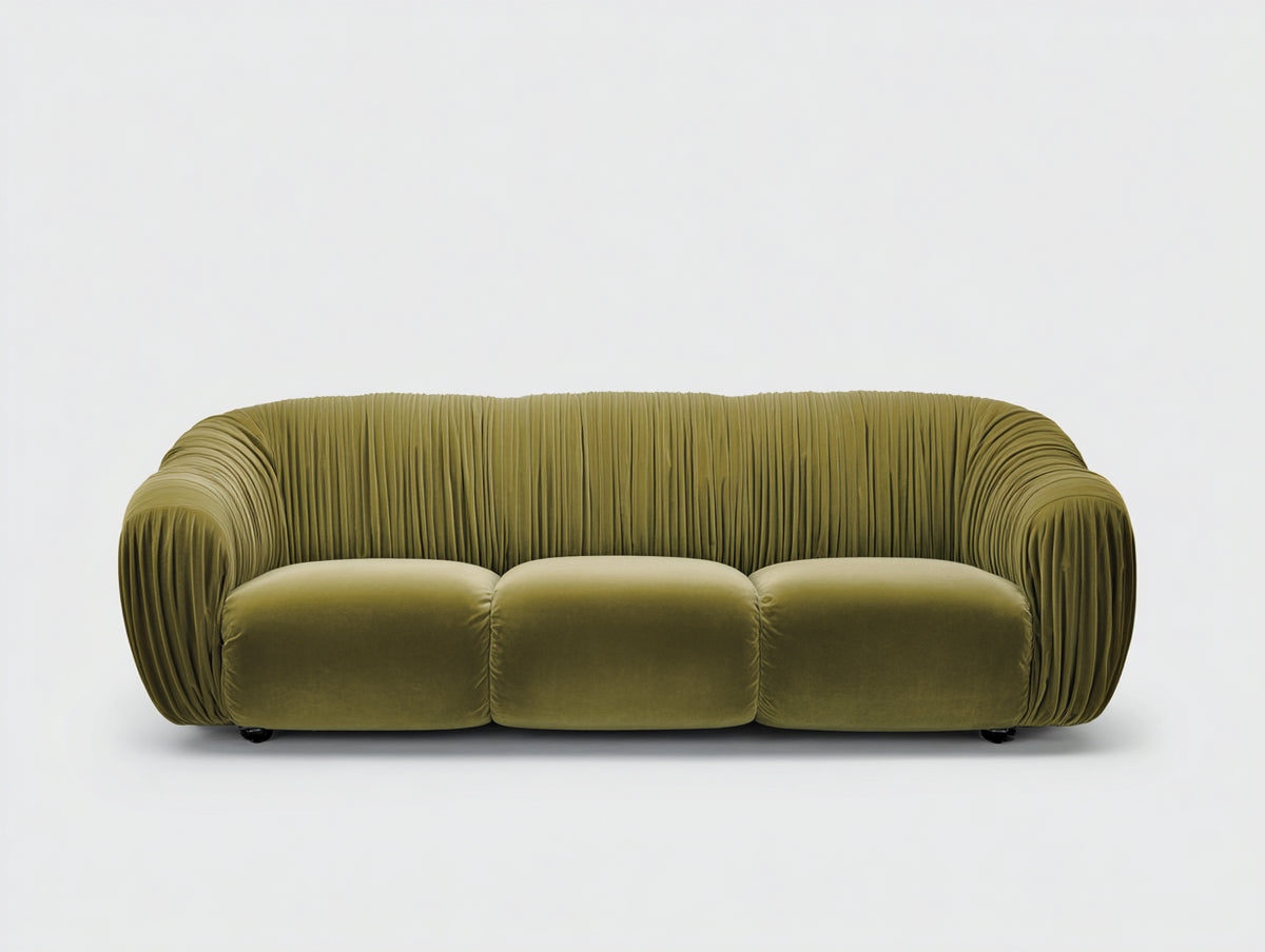 Sofás 3 plazas tapizado en terciopelo 220x98x78 cm - verde oliva - diseño envolvente con acabado plisado