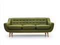 Sofás 3 plazas tapizados en tela 215x90x88 cm - verde oliva y madera natural - respaldo capitoné diseño retro moderno