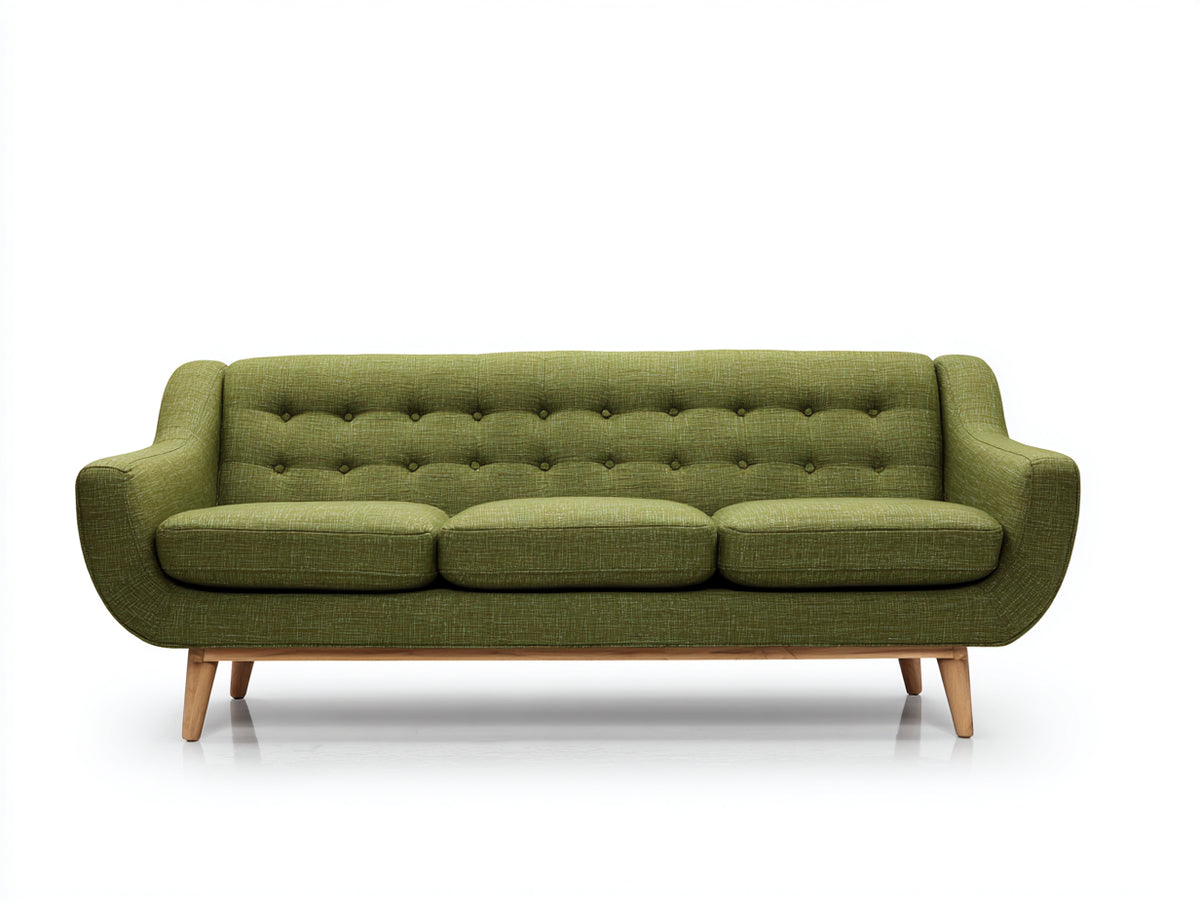 Sofás 3 plazas tapizados en tela 215x90x88 cm - verde oliva y madera natural - respaldo capitoné diseño retro moderno