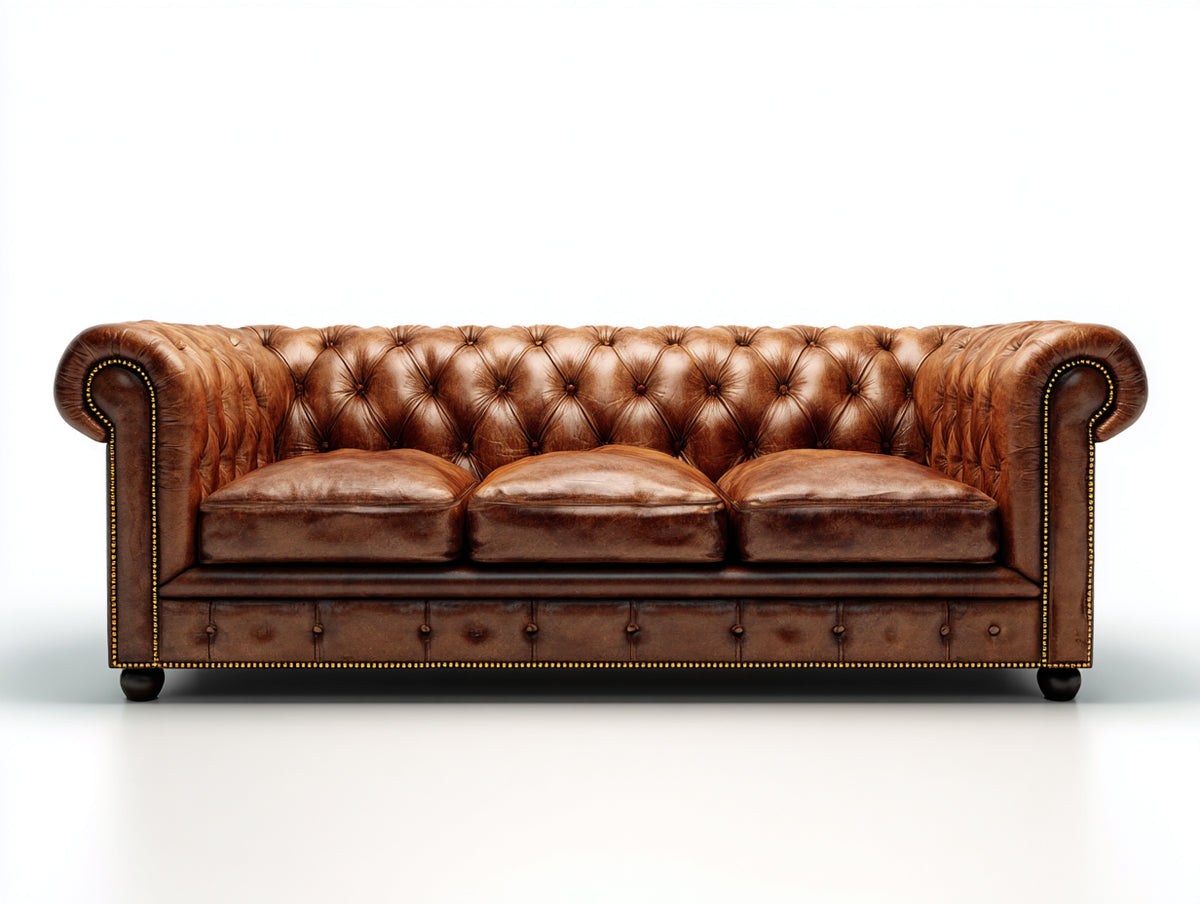 Sofás 3 plazas tapizados 225 x 92 x 78 cm - marrón coñac - diseño clásico capitoné con reposabrazos enrollados