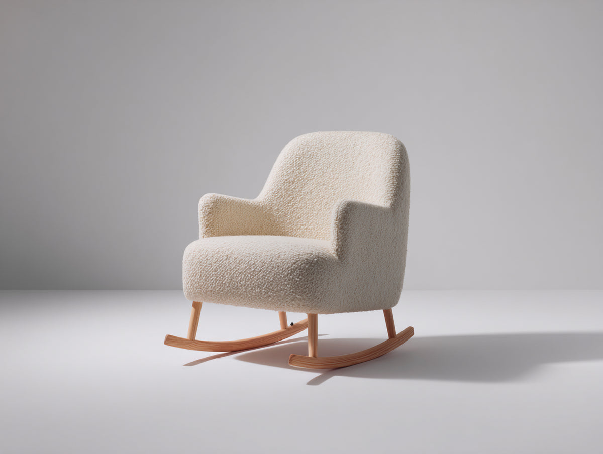 Mecedoras tapizadas en tejido bouclé 75 x 88 x 96 cm - crema y madera natural - asiento acolchado con patines curvos
