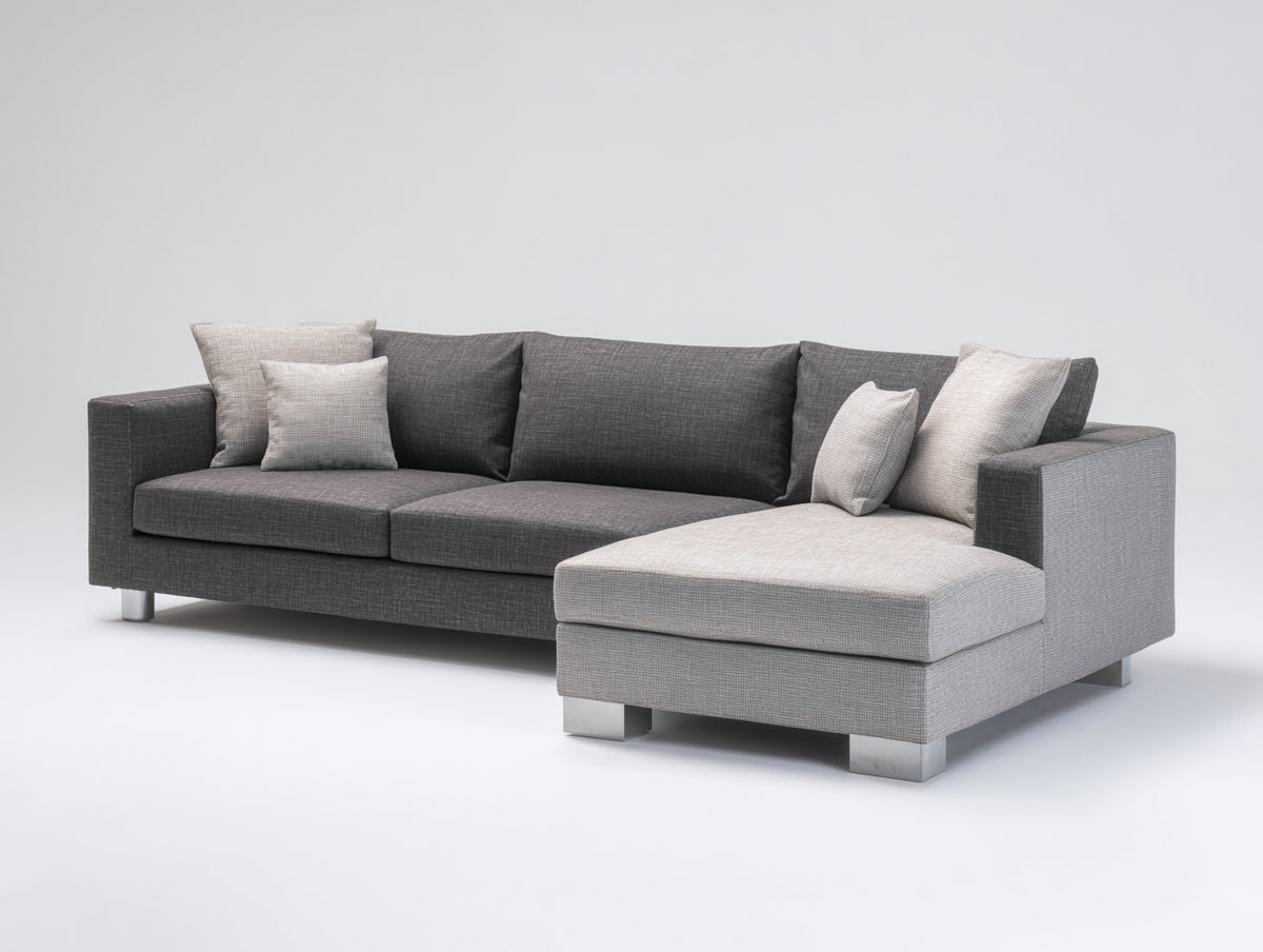 Sofás de esquina tapizados en tejido 250 x 165 x 86 cm - gris oscuro y gris claro - asiento acolchado con chaise longue y patas metálicas
