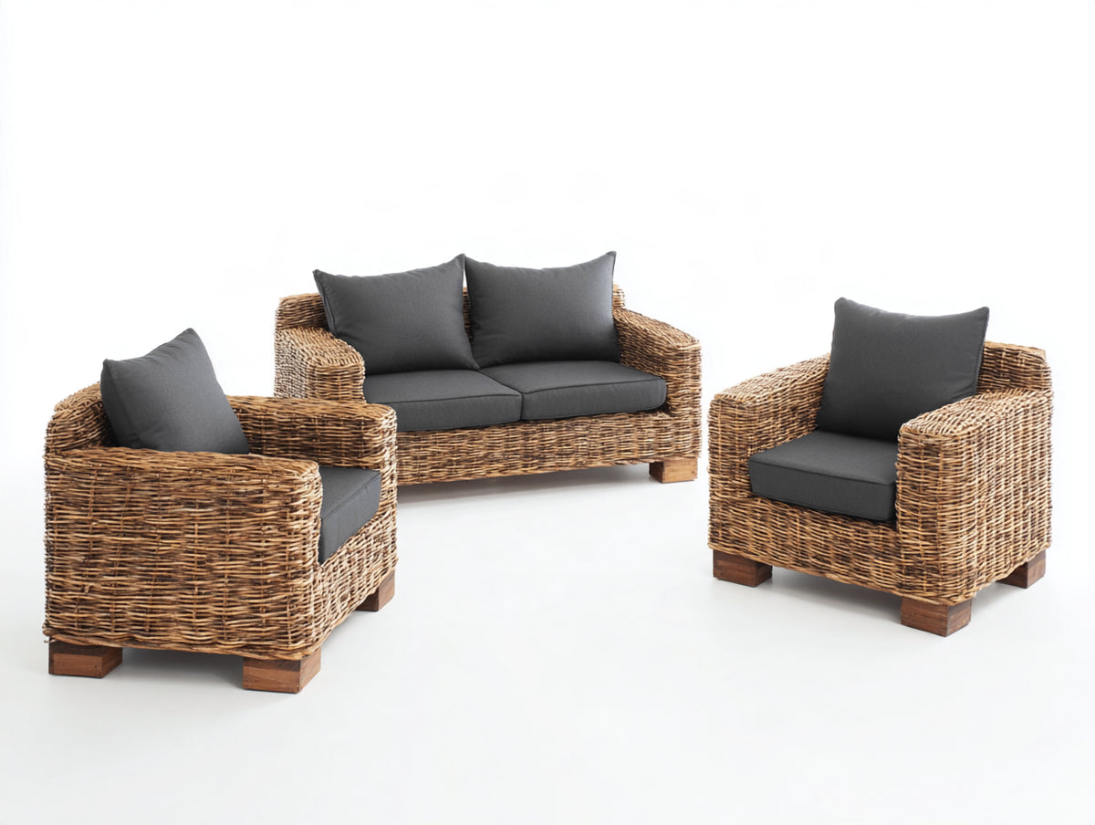 Sofás de exterior de ratán sintético para 4 personas 150x82x78 cm - marrón y gris antracita - conjunto de 3 piezas con cojines