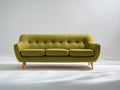 Sofás 3 plazas tapizados en tejido 215x88x84 cm - verde oliva-madera natural - diseño curvo con respaldo abotonado