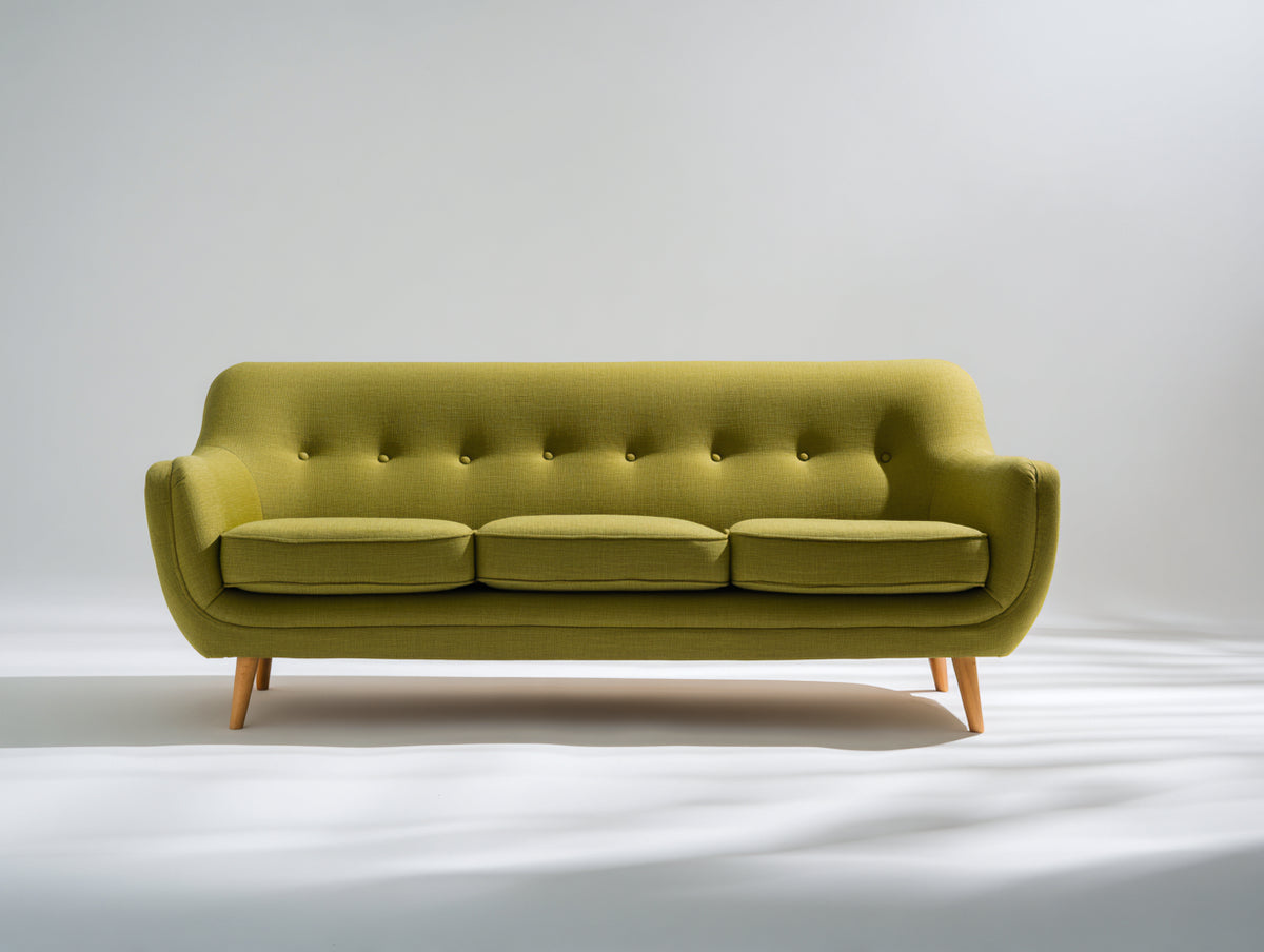 Sofás 3 plazas tapizados en tejido 215x88x84 cm - verde oliva-madera natural - diseño curvo con respaldo abotonado
