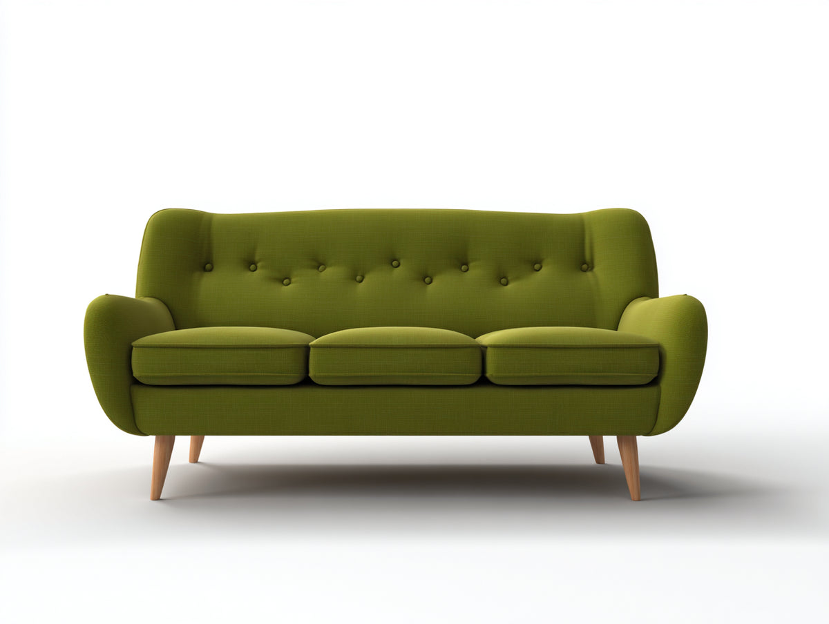 Sofás 3 plazas tapizados en tela 205x90x88 cm - Verde oliva-Color madera natural - Respaldo capitoné y diseño retro moderno