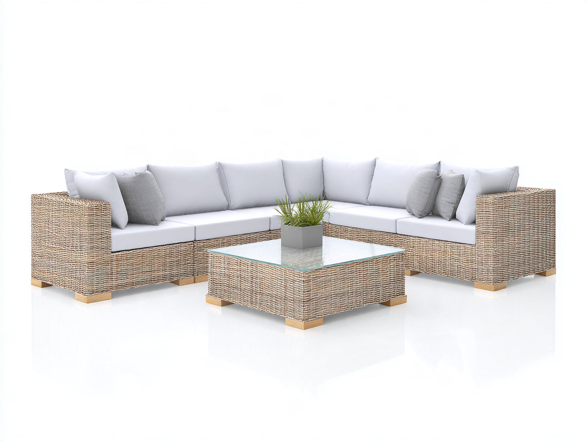 Sofás de exterior de ratán sintético 260x260x75 cm - madera natural-blanco - conjunto esquinero con mesa de centro