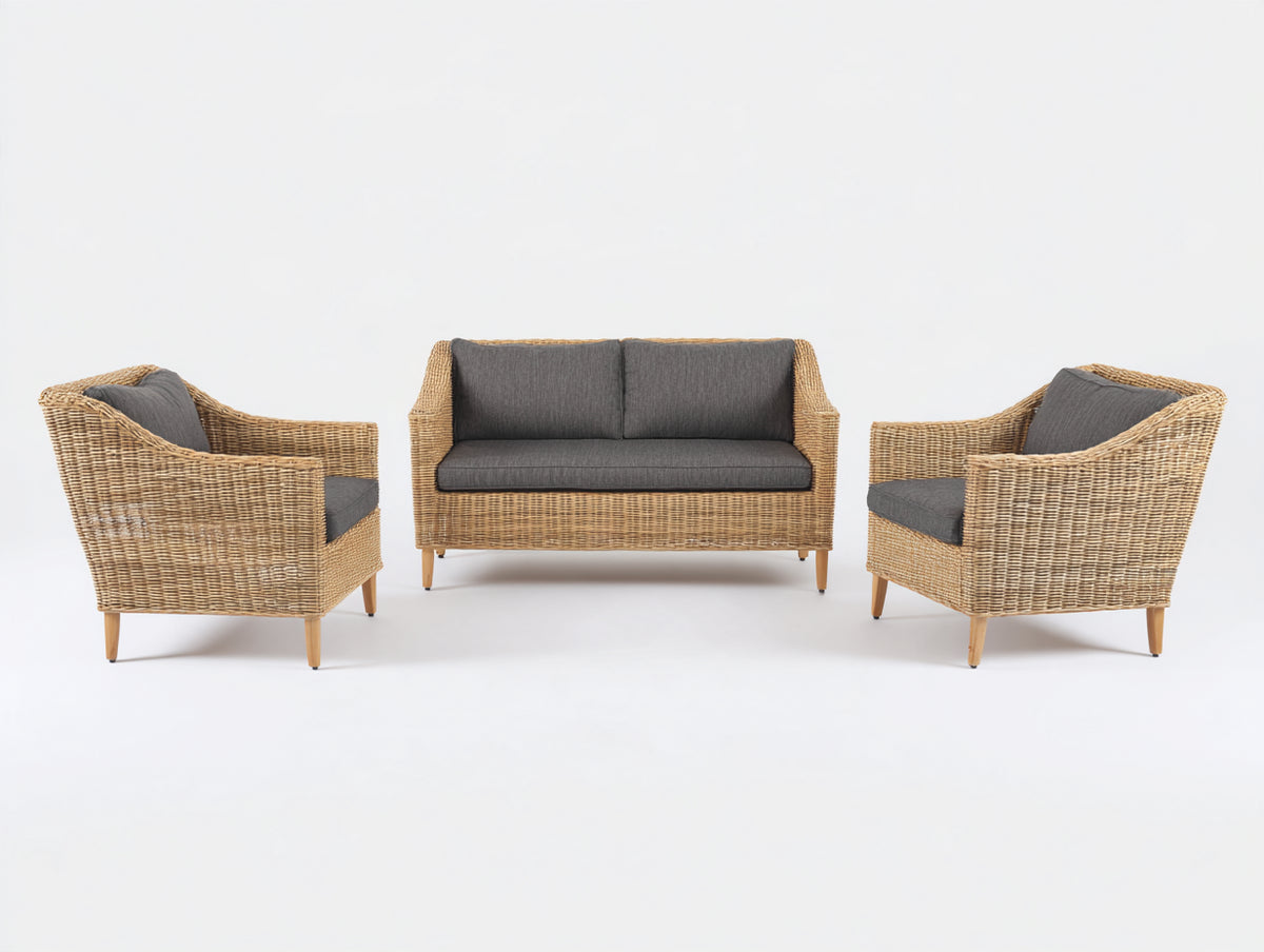 Sofás de exterior de ratán sintético 150x80x85 cm - madera natural-gris oscuro - conjunto de 3 piezas para terraza