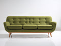 Sofás 3 plazas tapizados en tela 210x90x88 cm - verde oliva y madera natural - respaldo capitoné diseño retro moderno