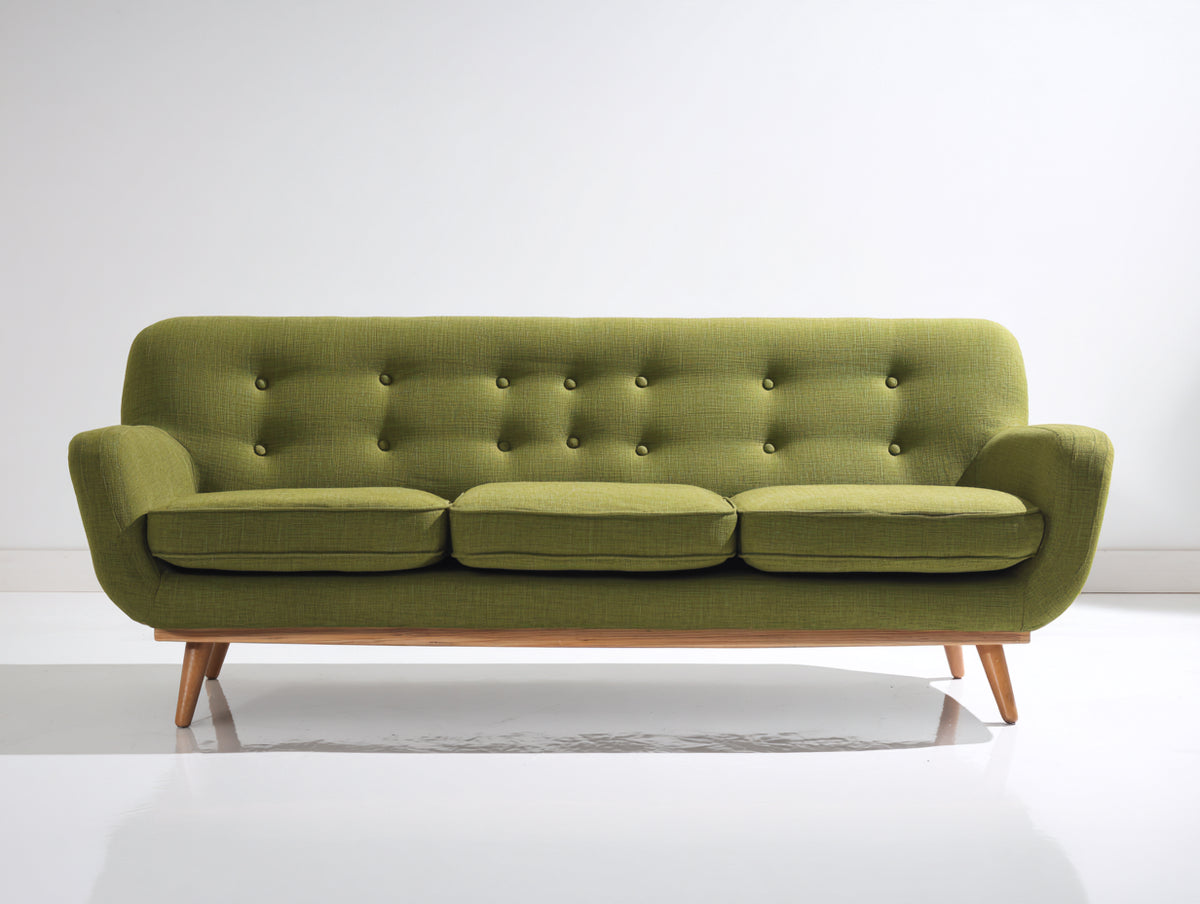 Sofás 3 plazas tapizados en tela 210x90x88 cm - verde oliva y madera natural - respaldo capitoné diseño retro moderno