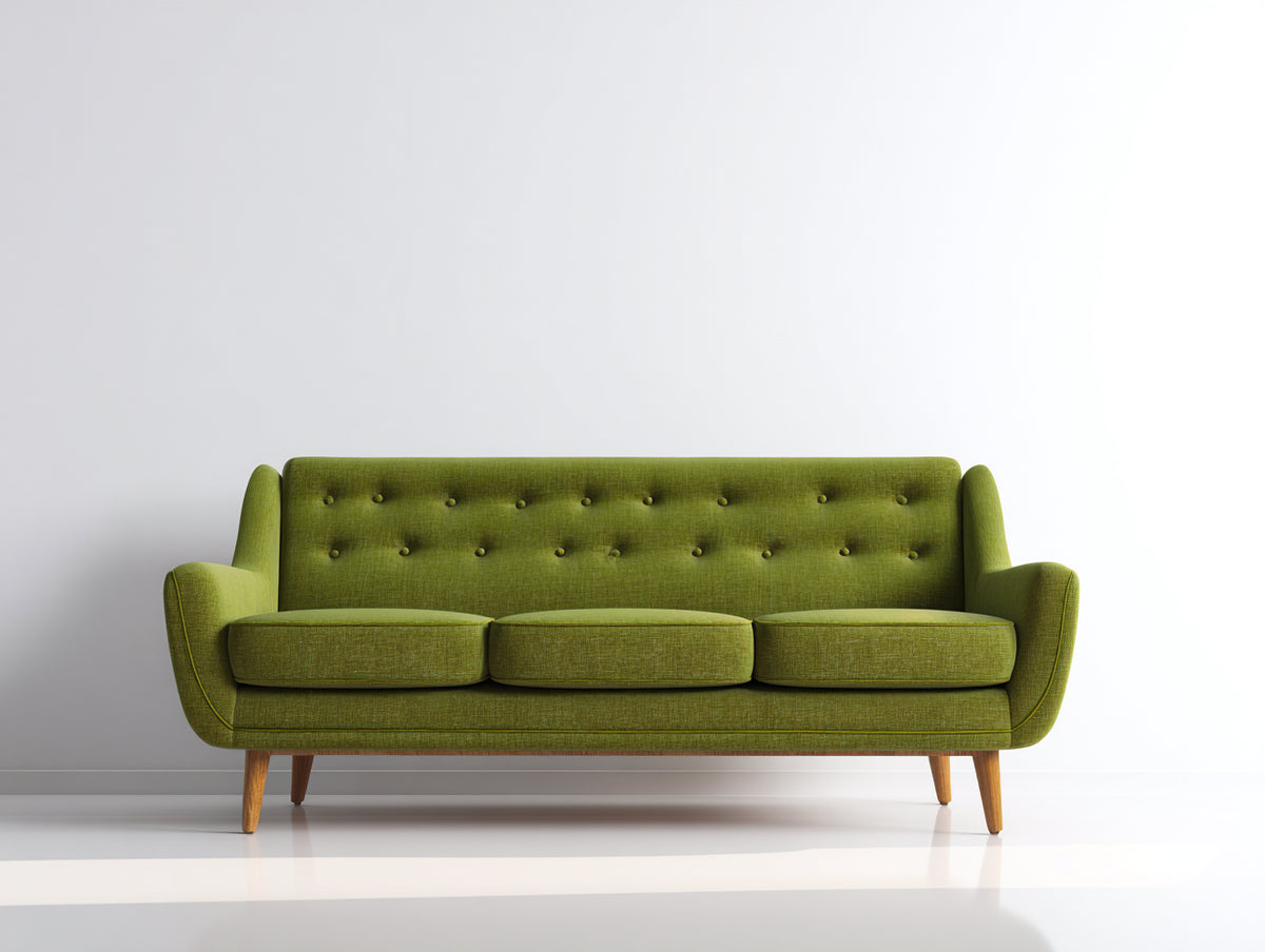 Sofás 3 plazas tapizado en tela 215x90x88 cm - verde oliva - respaldo capitoné y patas de madera