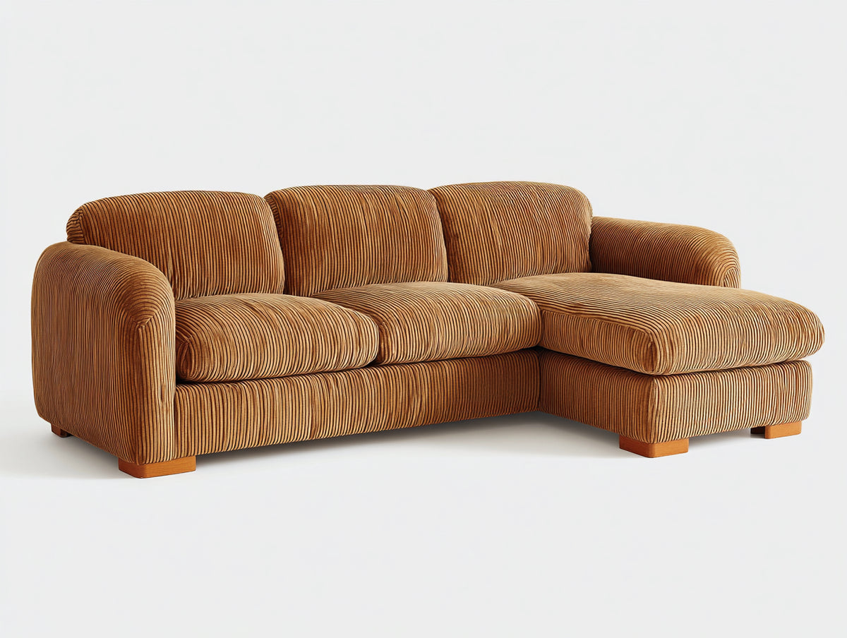 Sofás de esquina tapizado en pana 270x190x85 cm - Marrón caramelo - Diseño moderno con chaise longue