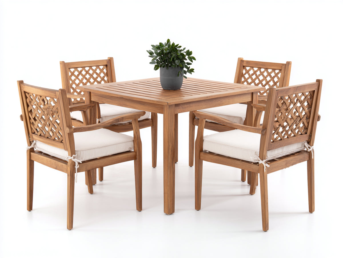 Conjuntos de comedor de jardín de madera maciza para 4 personas 120x120x75 cm - teca natural y blanco crema - mesa cuadrada y 4 sillones con cojines