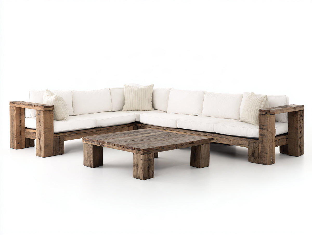 Sofás de exterior de madera 240 x 240 x 70 cm - marrón natural-blanco - conjunto esquinero rústico con mesa de centro