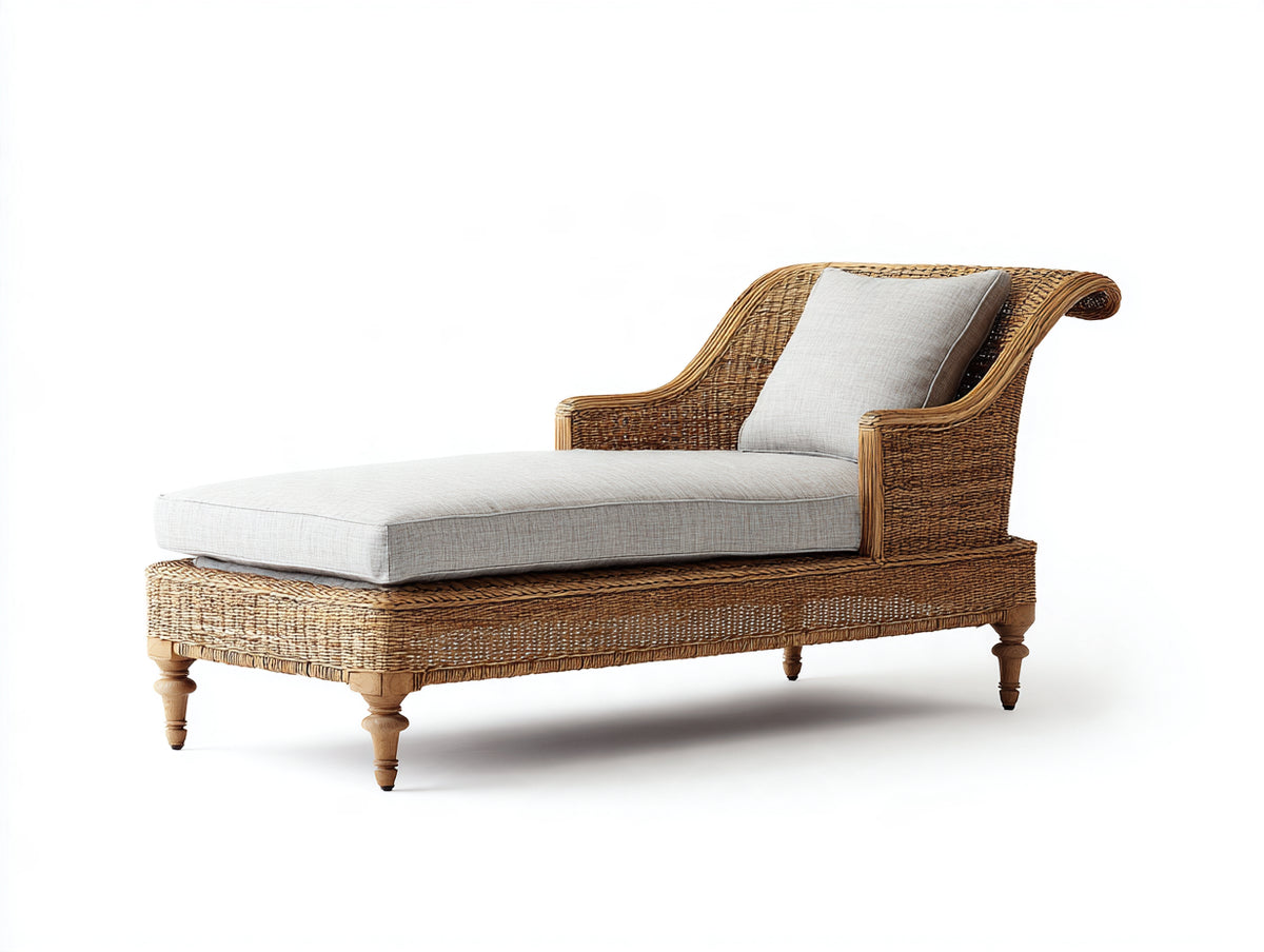 Tumbonas de ratán 190x82x88 cm - marrón natural y beige claro - respaldo curvo con reposabrazos y diseño clásico