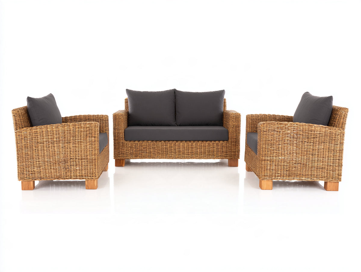 Sofás de exterior de ratán 150x80x78 cm - Color ratán natural-Gris antracita - Sofá de 2 plazas y 2 sillones